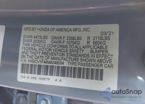 2021 Honda Accord Sport Special Edition from USA, damaged, VIN 1HGCV1F44MA048004